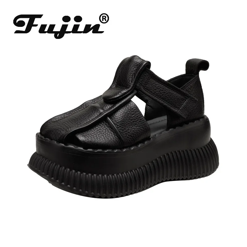 

Fujin 7.5cm Luxury Hook Mary Jane Ladies Women New Ethnic Platform Wedge Shoes Natural Cow Genuine Leather Summer Round Sandals