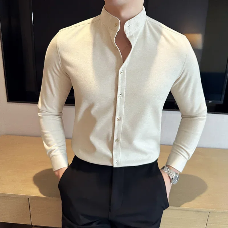 Autumn Winter Woolen Shirt Men British Style Stand Up Collar Casual Shirt Fashion Slim Business Social Formal Dress Shirts M-4XL