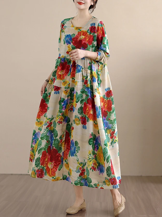 فستان فضفاض بأكمام طويلة من الكتان والقطن بطباعة فنية، تصميم على شكل حرف A، أسلوب عملي للربيع والخريف، فستان كاجوال