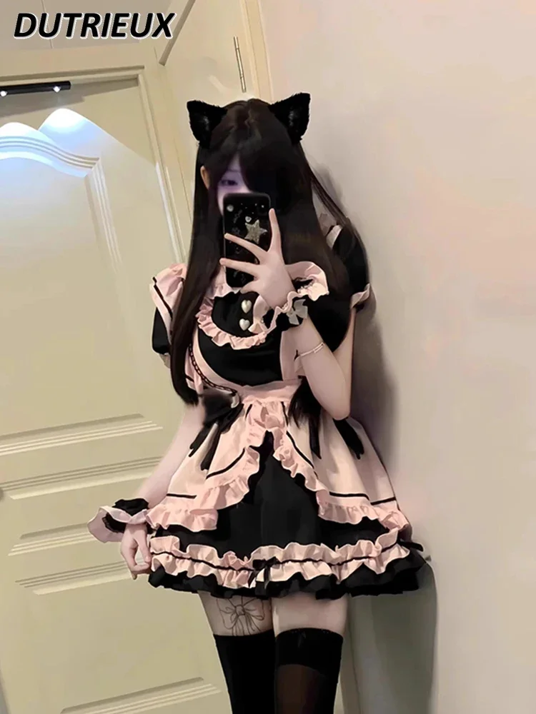 

Black Pink Lolita Maid Costume Dress Japanese Style Girl Cute Princess Dress Summer Short Sleeve Waist-Controlled Dresses