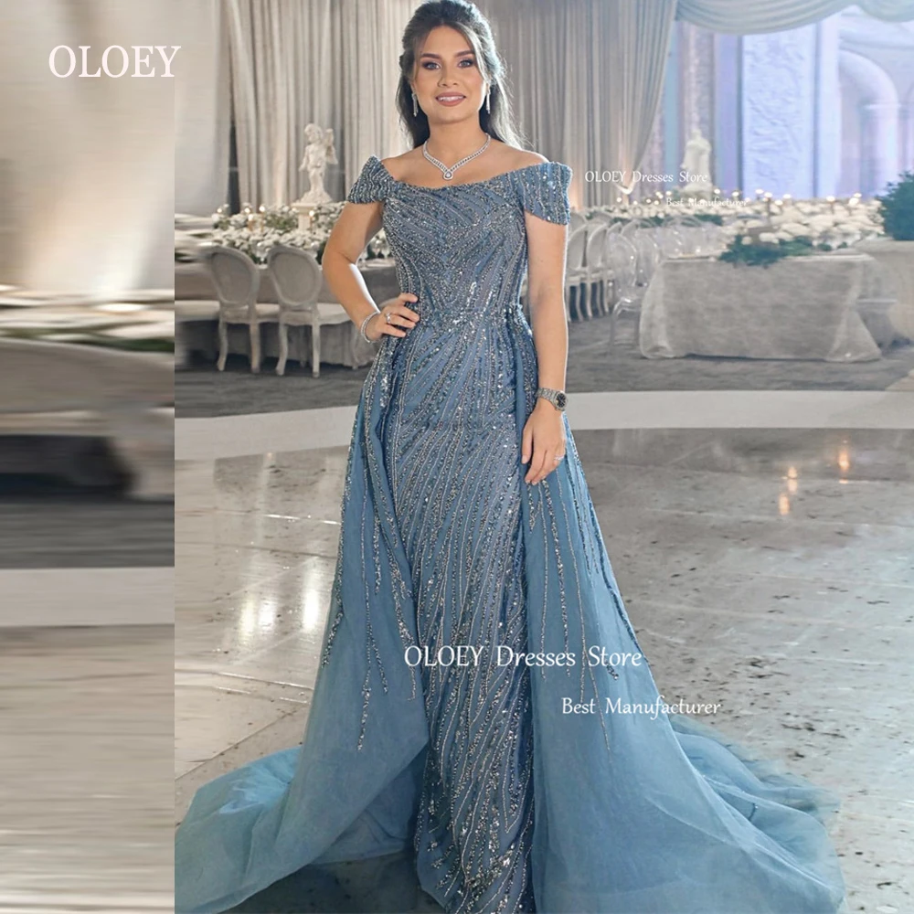 OLOEY Glitter Dusty Blue Lace Sequin Mermaid Evening Dresses Off the Shoulder Elegant Prom Gowns Mother Formal Occasion Dress