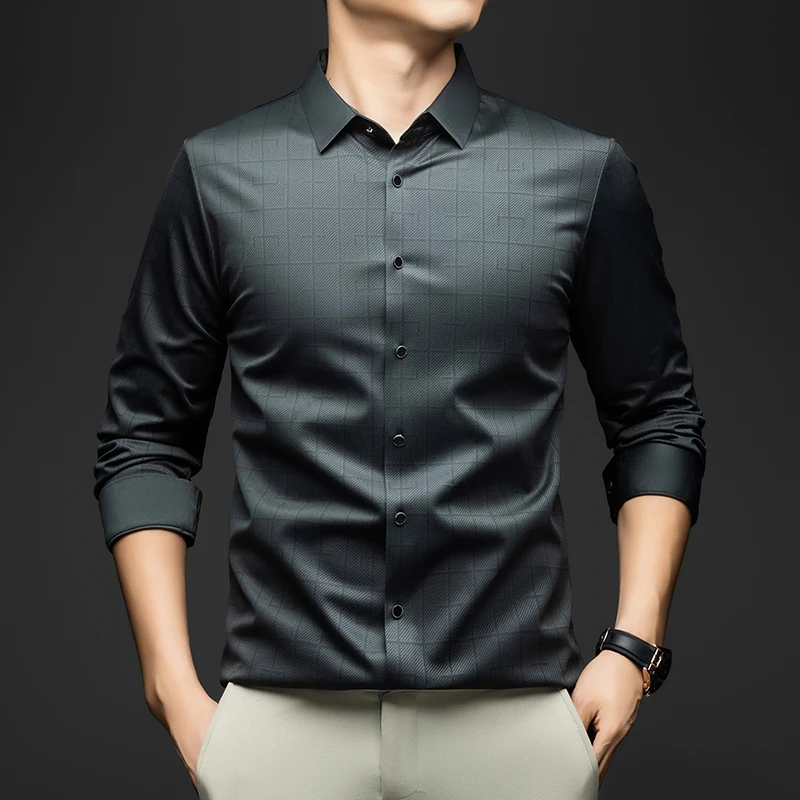 

BROWON клетчатая рубашка для мужчин с длинными рукавами, весна-осень 2024, шелковая деловая классическая рубашка, мужская повседневная вечеринка, элегантная мужская рубашка