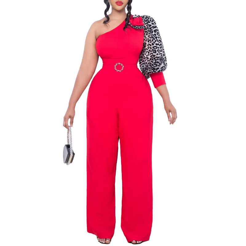 Een Schouder Jumpsuits Vrouwen Vintage Elegante Diagonale Kraag Gedrukt Mouw Riem Wijde Pijpen Broek Party Club Lady Outfits 3XL