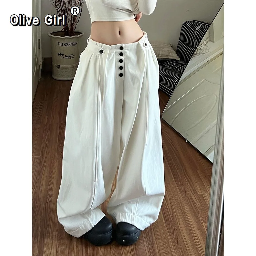بنطلون Olivegirl الأمريكي من القطن مقاس كبير فضفاض وكسول واسع الساق بنطلون Hotsweet Girl المتخصص متعدد الاستخدامات مطوي على الأرض