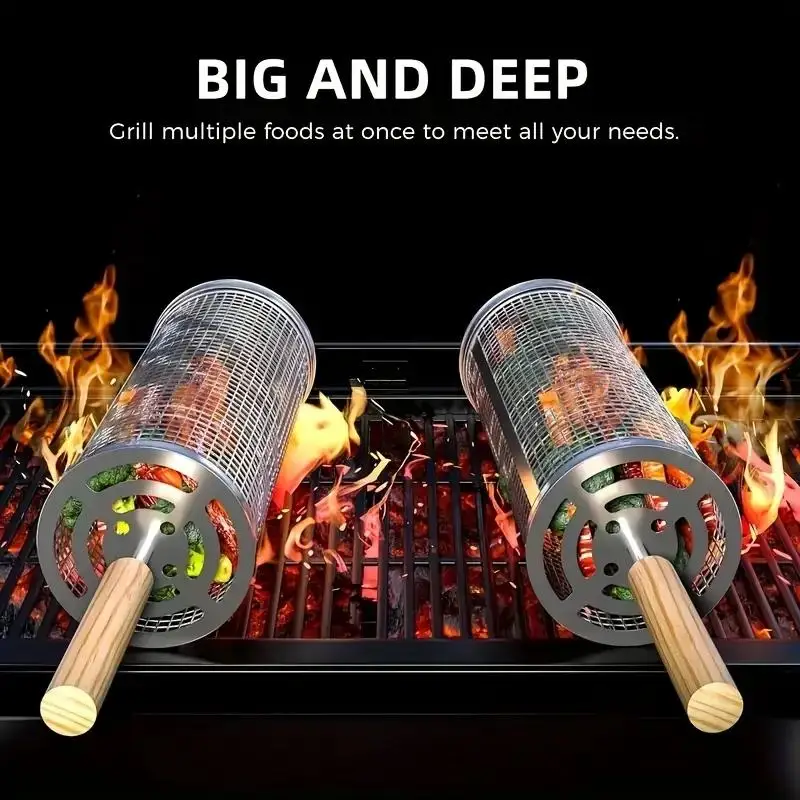 Stainless Steel BBQ Grill Basket, Round Rolling Cylinder Cage, Wire Mesh Rotating Rack for Meat Veg Fish, Outdoor Camping Picnic view 4