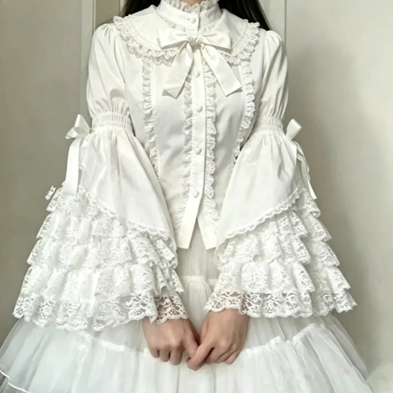 Japanische Kawaii Lolita-Style Blusen für Damen, Süße Spitzenblusen mit Peter-Pan-Kragen und Schleife, Langarm-Shirts, Y2k Harajuku Gothic Tops, Neu