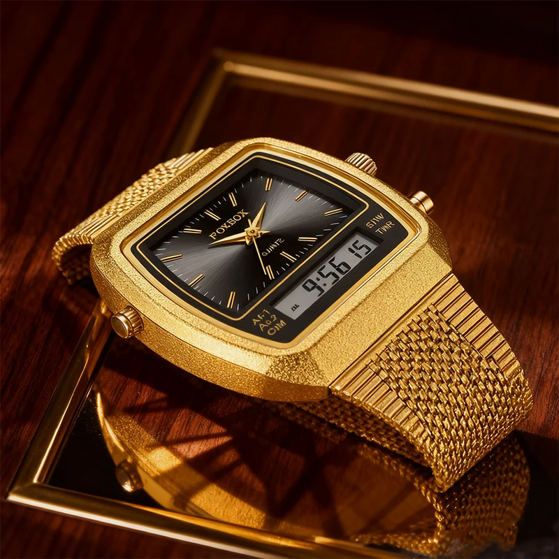 FoxBOX كوارتز ساعة رياضية موضة الذهبي الصلب حزام الرجال المزدوج الوقت أسبوع عرض ساعة اليد الرقمية مقاوم للماء ساعة Reloj Hombre #1
