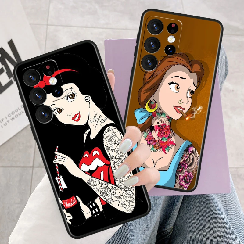 Disney Princess Tattoo Phone Case For Samsung Galaxy S23 S22 S21 Ultra S20 FE S10 S10e S9 S8 Plus Lite Black Soft Cover