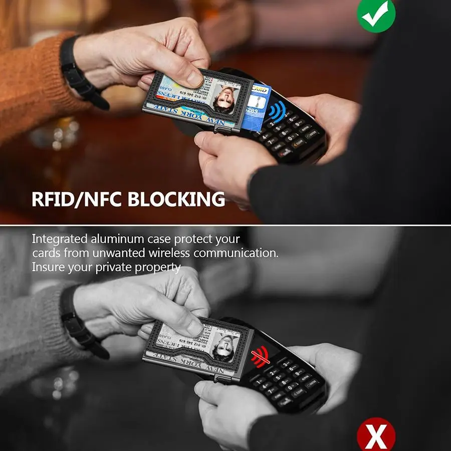 RFID-blockierender Pop-Up-Kartenhalter, schlanke Unisex-Geldbörse für die Vordertasche mit Ausweisfenster, minimalistisches Kreditkartenetui für Damen und Herren – Detail 8