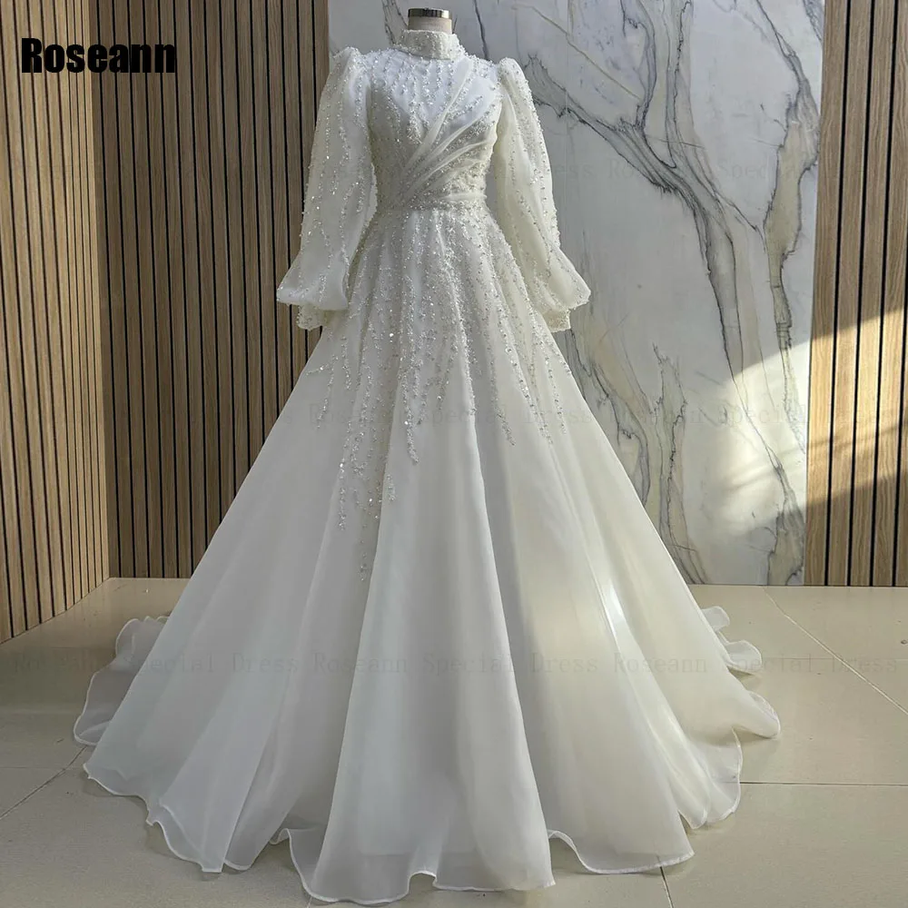 Personalizado muçulmano moda a linha vestidos de casamento drapeado plissado paillette pérolas plissado escova trem vestido de noiva robe de mariée