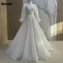 Customized Muslim Fashion A-line Wedding Dresses Draped Pleat Paillette Pearls Ruffle Brush Train Bride Dress robe de mariée