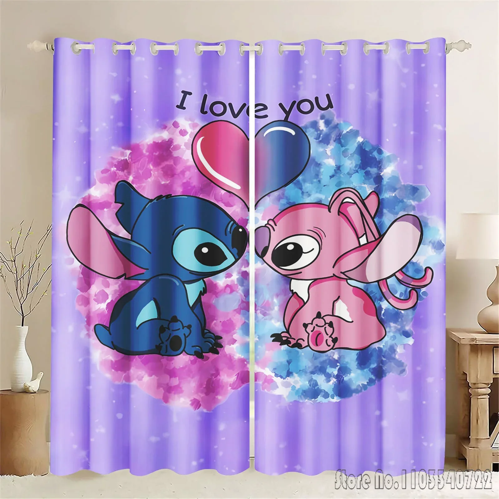 Disney Stitch Lilo Angel Cartoon Window Curtain 3D Print Blackout Curtains Living Room Bedroom Decor Kids Gift