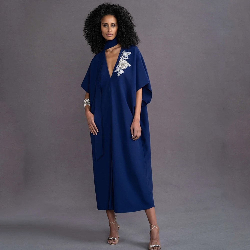 

Modern Women's Party Dresses Loose Deep V Neck Beading Applique Birthday Party Gowns Midi Tea Length Half Sleeves Cocktail Dress