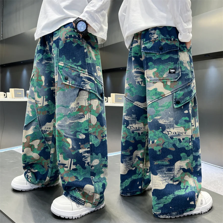 

New Fashion Children Green Jeans Are Stylish for A Boy Camouflage Denim Pants Kids Street Style Casual Camo Trousers Age 5-14 T