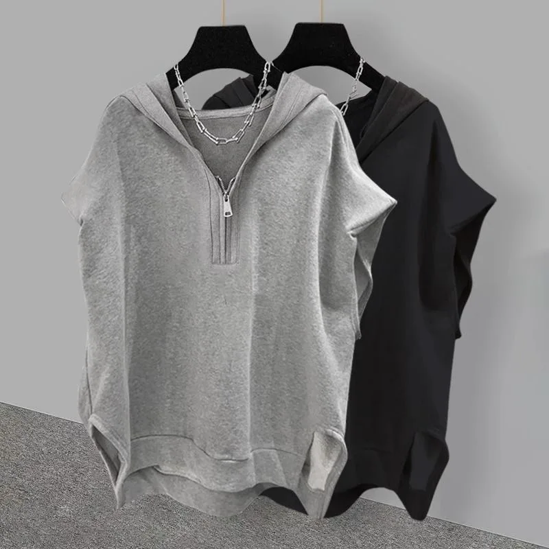 Sleeveless Hooded Sweater for Men and Women Monochromatic Zipper Loose Tank Top Korean Style Summer New Extra Large 150kg 2024