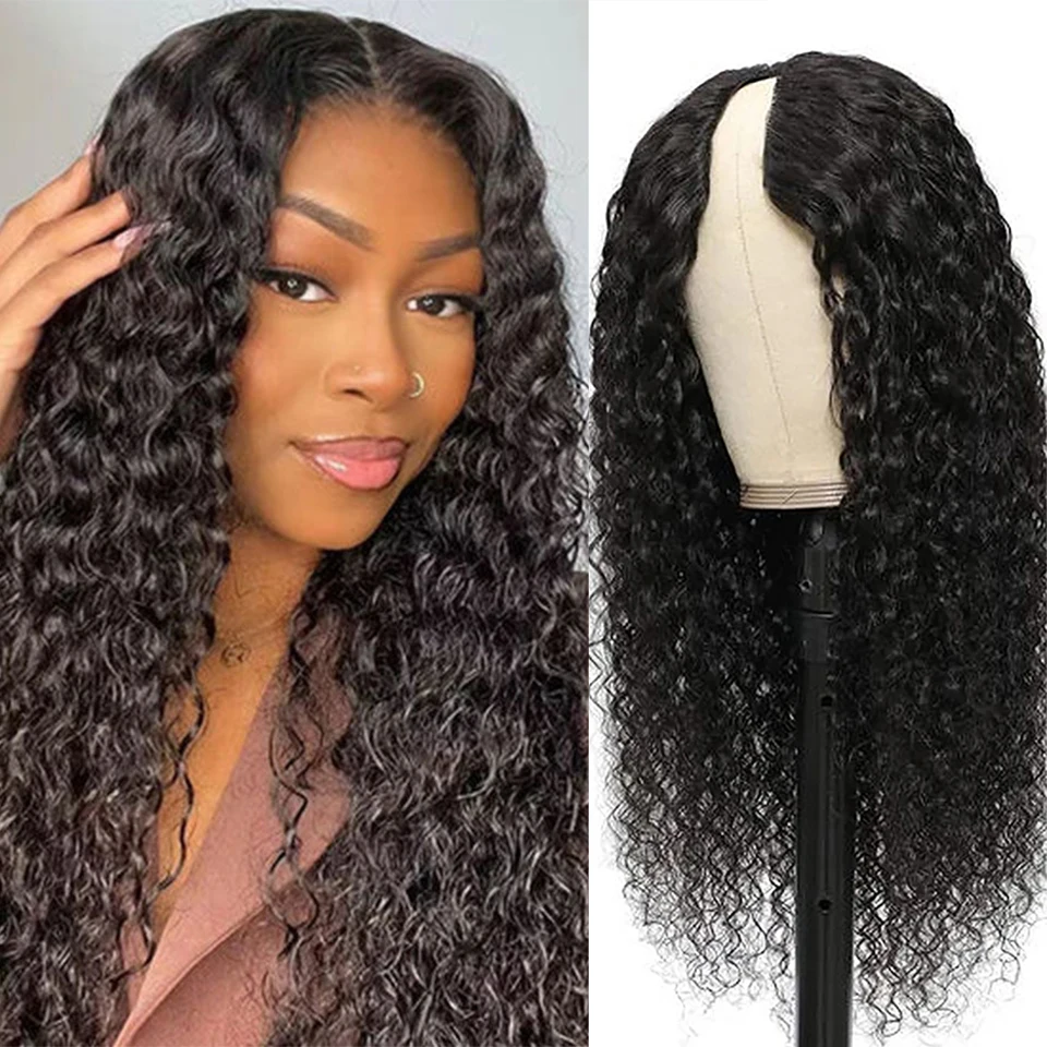 180% Density Deep Wave V Part Wig Human Hair Full Machine Made Human Hair Wig Natural Black Deep Curly U Part Wig Human Hair