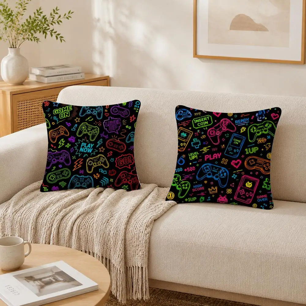 Colorful Game Controllers Pillow Case Double-Sided Plush Sofa Cushion Covers Organic Breathable Invisible Zipper