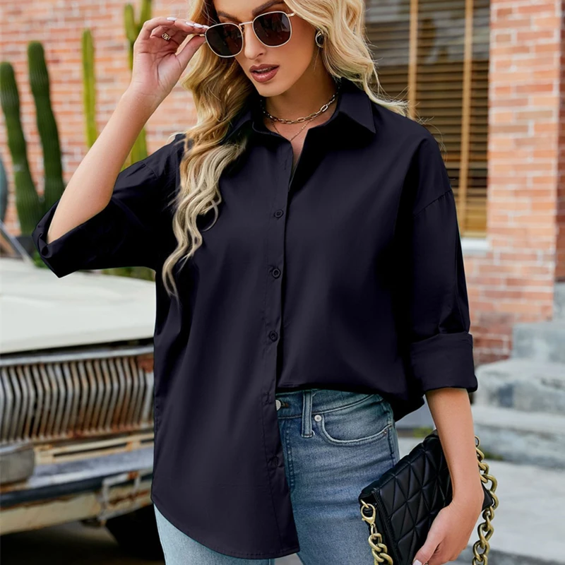 Primavera verão camisa feminina algodão solto casual manga longa blusa mulher sólida escritório senhora topos botão moda camisas streetwear