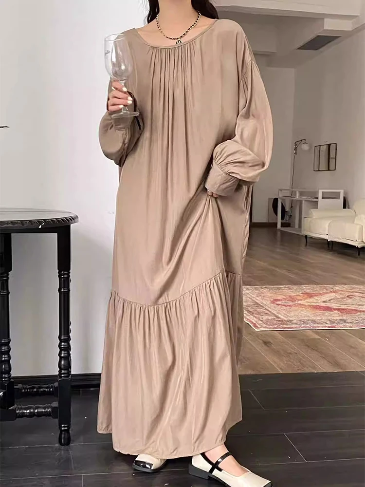 Vestido largo e de primavera estilo perezoso con cuello redondo y lazo en la parte delantera y trasera, vestido largo ...
