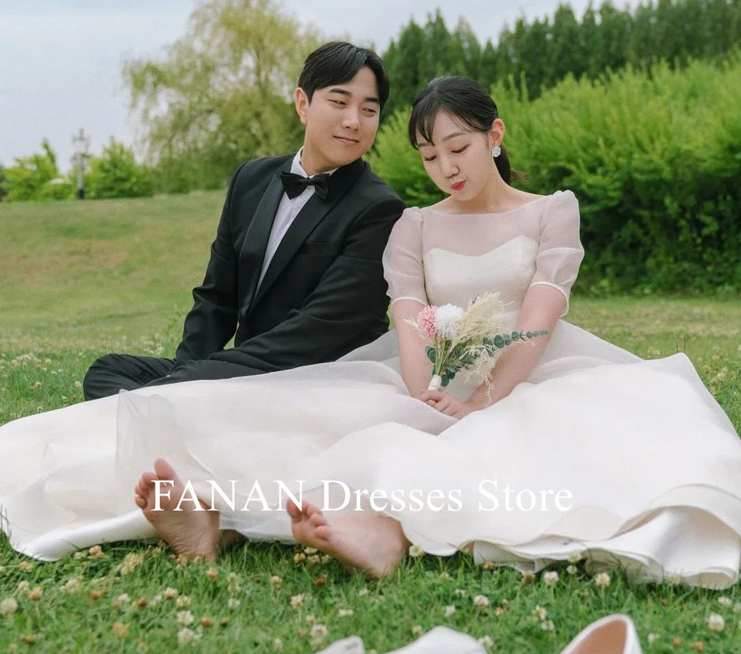 

FANAN Boat Neck Korea Ivory A-Line Wedding Dresses 웨딩드레스 Organza Short Sleeves Long Custom Made Pretty Bride Gowns Plus Size