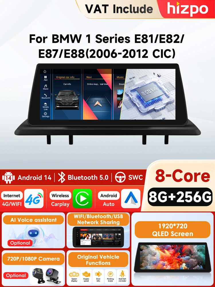 Hizpo Android 14 Carplay Auto autoradio Per BMW Serie 1 E81 E82 E87 E88 09-16 Autoradio multimediale 2DIN auto intelligente 10.25"