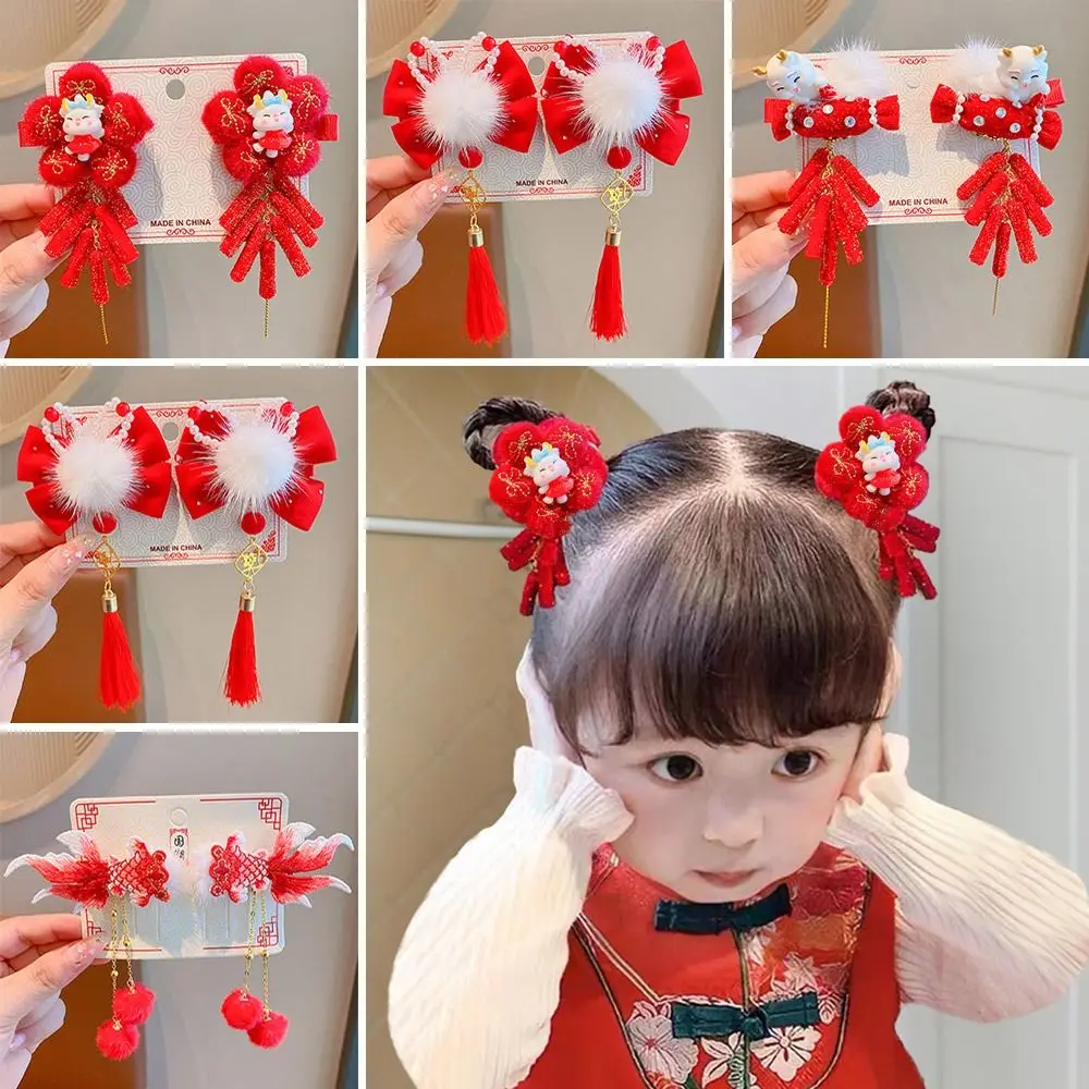

Cute Velvet Mascot Dragon Horn Red Hairpin Headwear Red Red Bow Hairpin Ancient Style Shiny Velvet Hairpins Little Girls