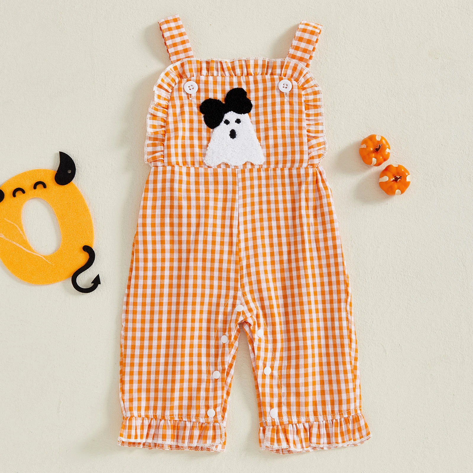 

VISgogo 0-18 Months Baby Girls Jumpsuit Sleeveless Embroidery Ghost Plaid Casual Romper Halloween Clothes