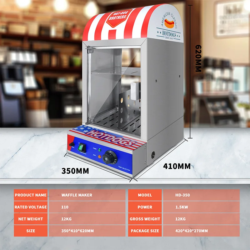 1,5 kW Commerciële roestvrijstalen paragon Hotdog-stoommachine met temperatuurregeling Warming Cabinet