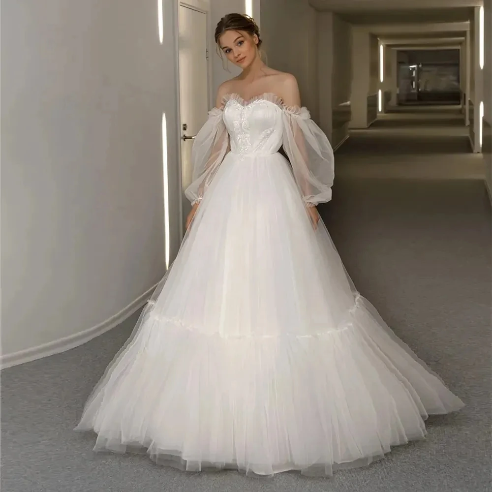 

Ladies Elegant Satin Modern Off Shoulder Fluffy Sleeves Mopping Wedding Dresses Beautiful Mermaid Bridal Exquisite Dresses Robe