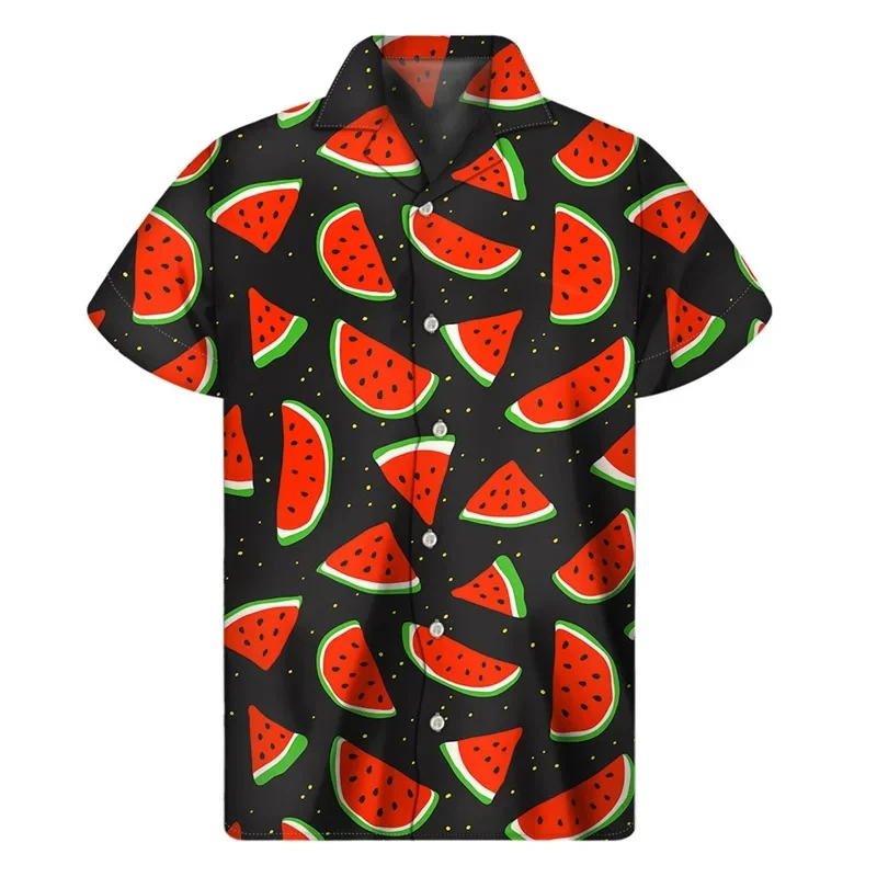 Camisa havaiana masculina de férias, roupas com impressão 3d, melancia, frutas, lapela, botão, moda casual, blusa de design listrado