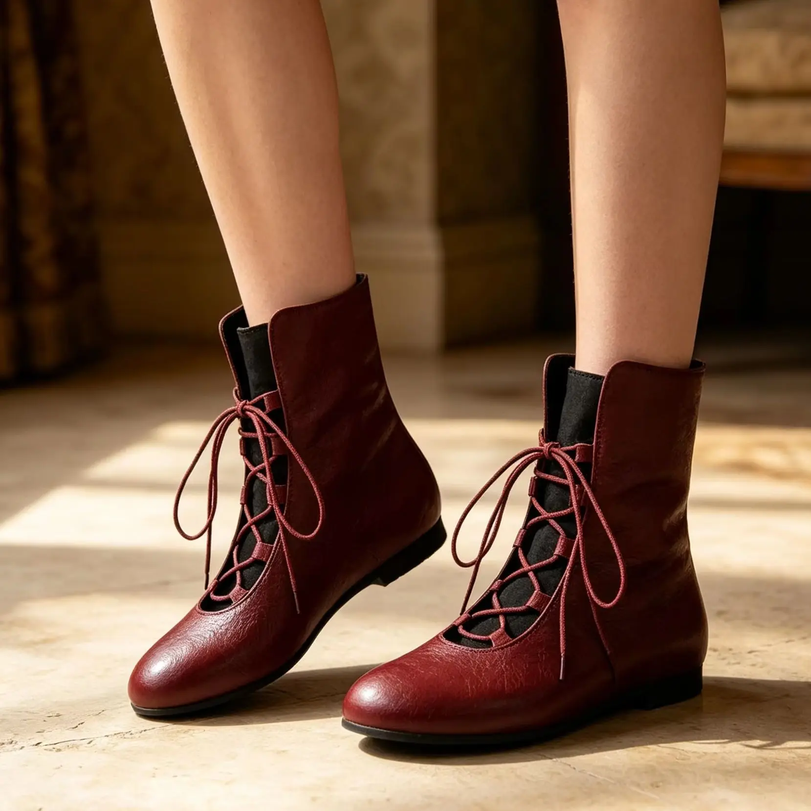 Women Vintage Renaissance Flat Ankle Boots Front Lace‑Up Hollow Design 3‑Color Option Cosplay Dress‑Up Medieval Style Footwear