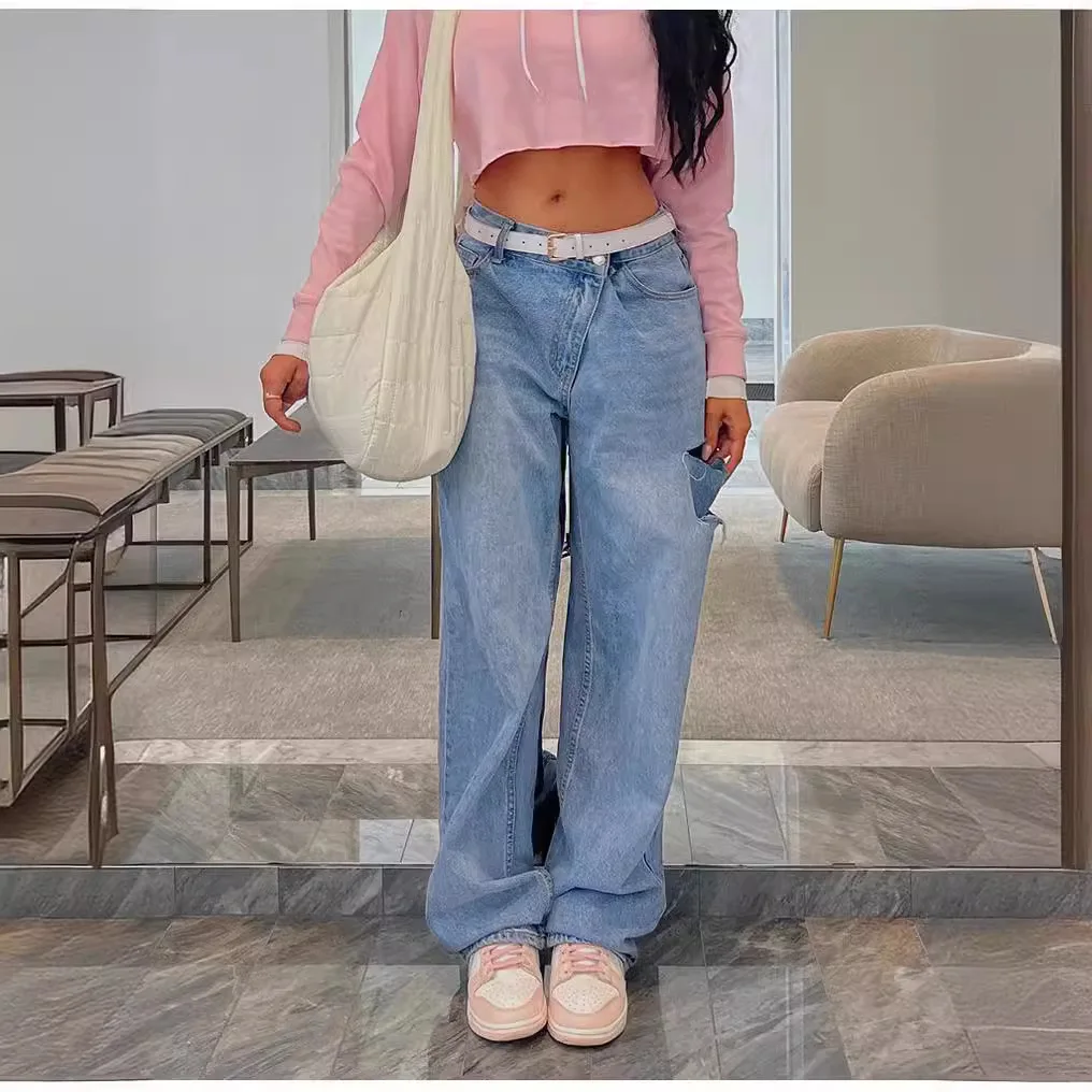 

Low Waist Ripped Loose Women's Jeans Slanted Waist Torn Casual Long Pants Low Rise Denim Blue Color Folded Design