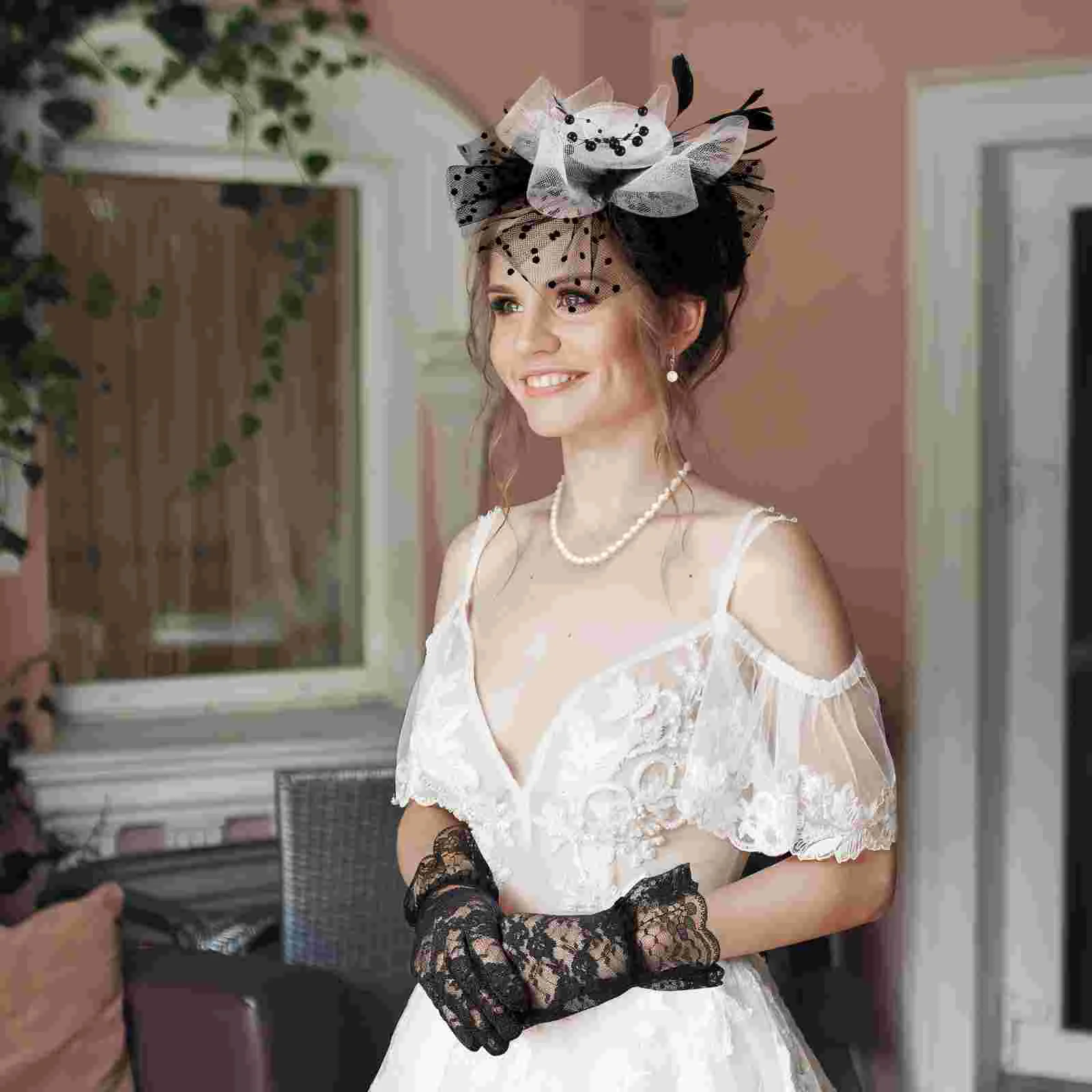 White Mesh Head Flower Fascinator Hat Headdress Party Lace Gloves Earrings Hairband