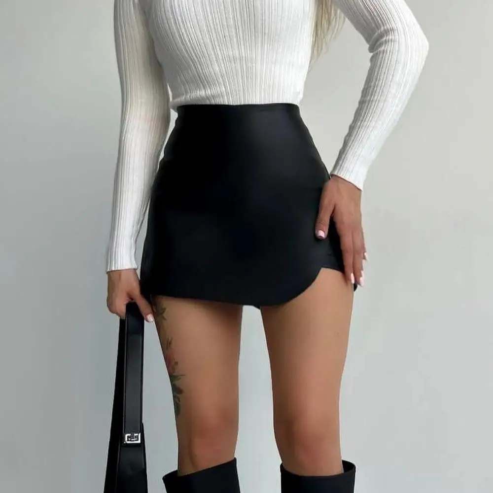 

High Waist PU Leather Skirt Women's Faion New Sle Bodycon Pants Leather orts Five-Quarter Length Bot