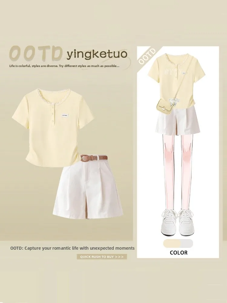Summer Commute Casual Style Women's Fashion Set round Neck Short Sleeve T-Shirt And A-Line Shorts Slimming Effect for Work