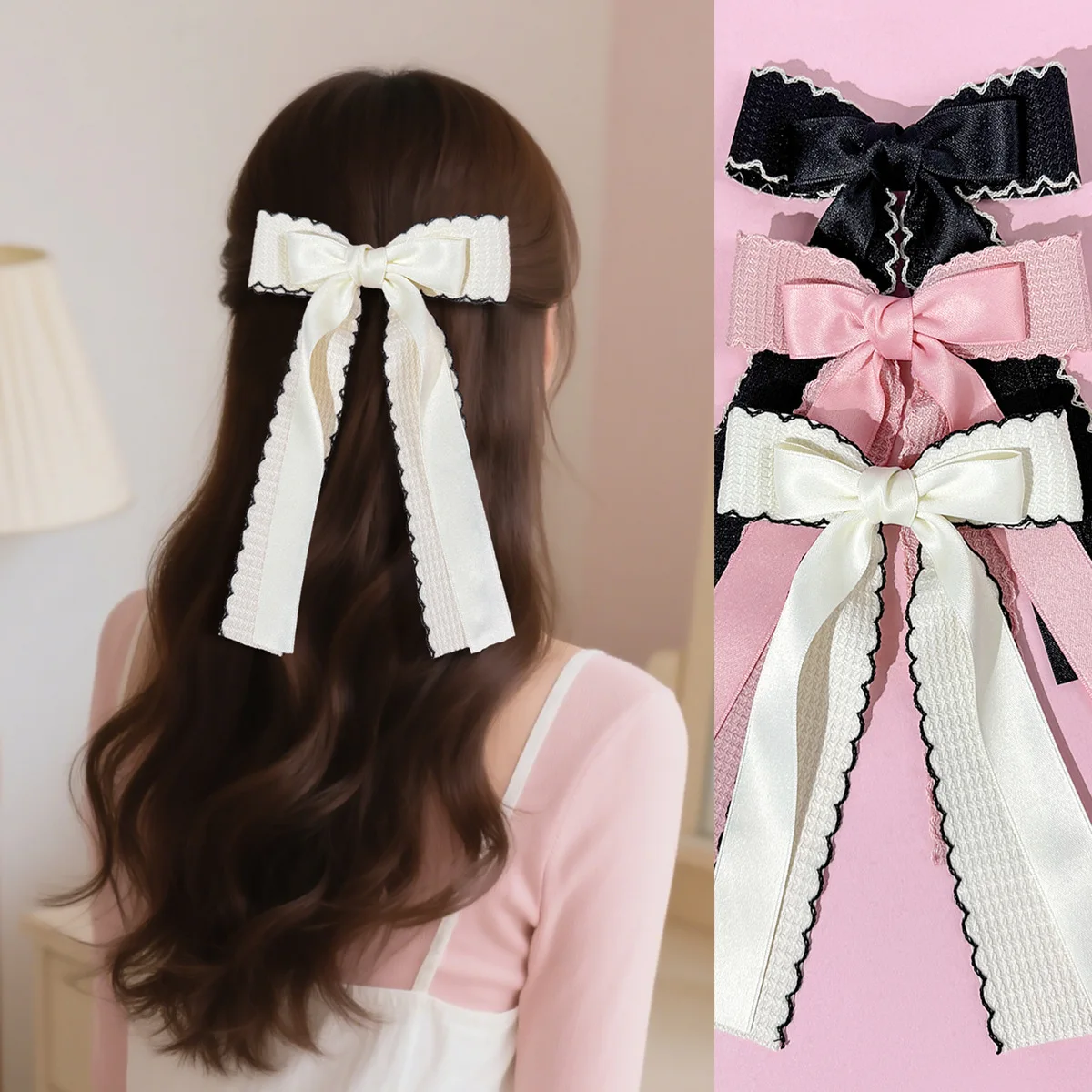 

20 PCS/Lot, 5.3“ Elegant Ruffled Edge Ribbon Bow Hair Clips For Women Girls Ponytail Clips Fashion Hair Accessories