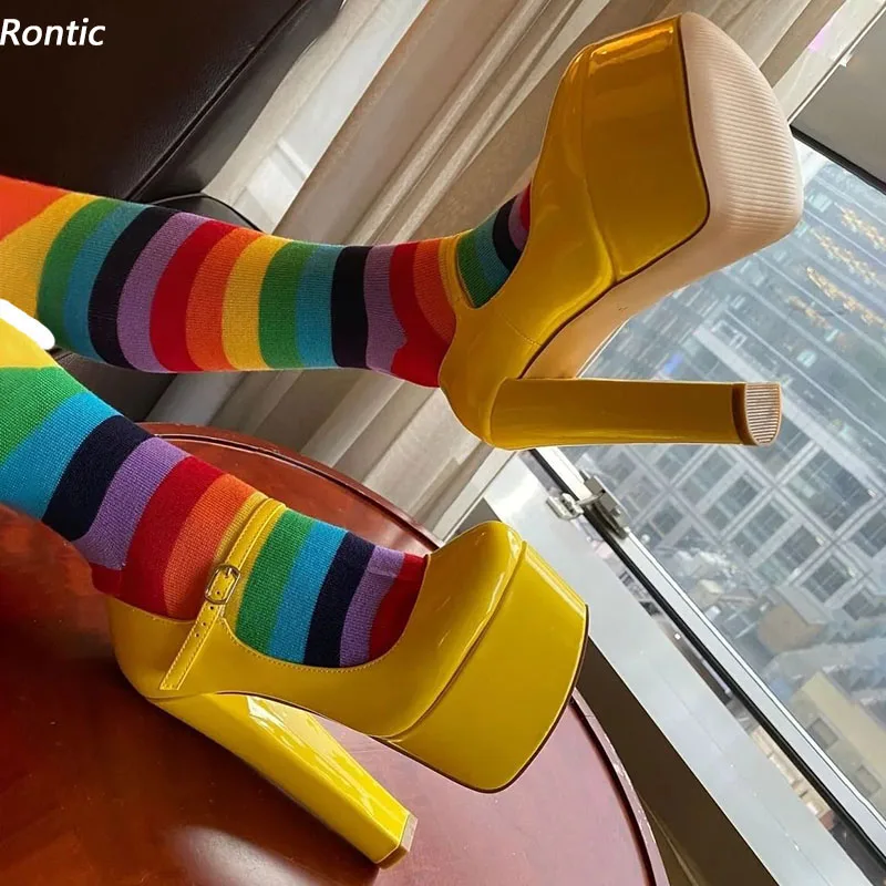 

Rontic/женские весенние туфли-лодочки ручной работы на платформе, на массивном высоком каблуке с круглым носком, довольно желто-зеленые модельные туфли, размер США, большие размеры 5-20