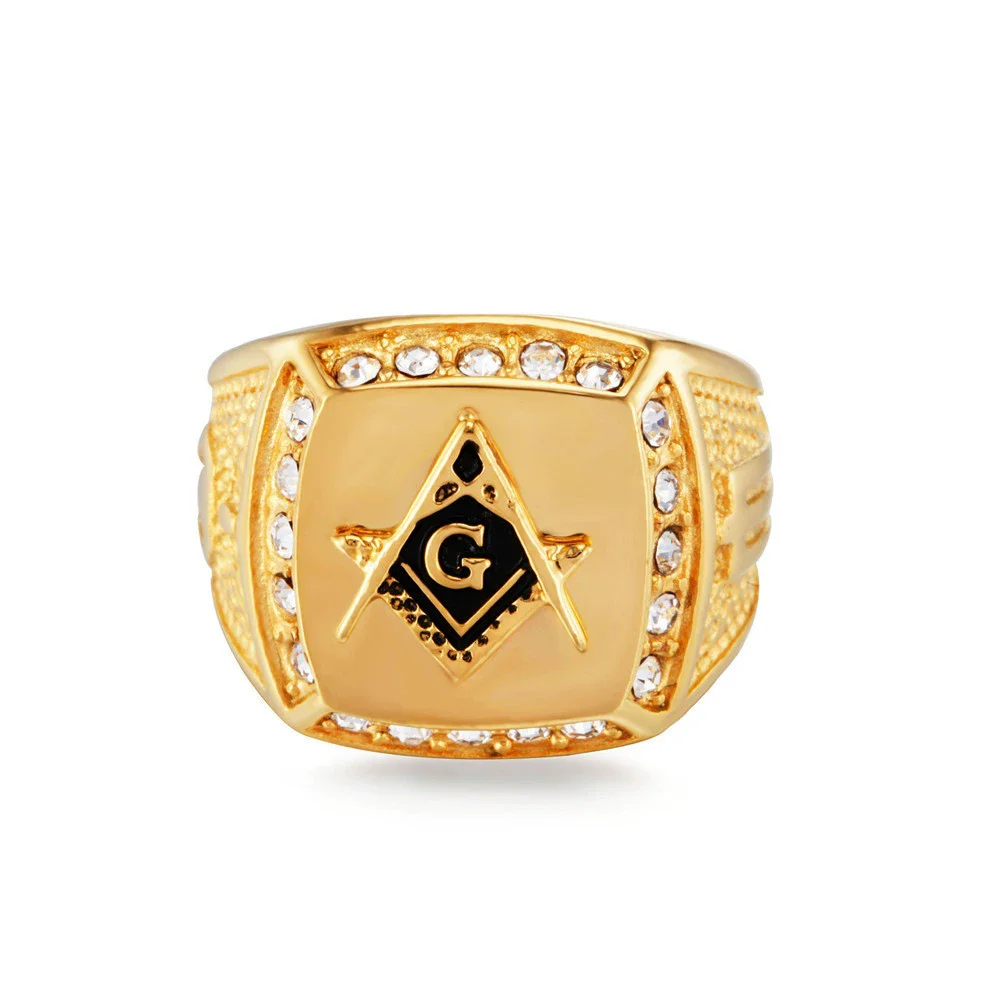 Men Ring Luxury Gold Color Masonic Titanium Jewelry Geometrical Design Crystal Masonic Rings Fashion Jewelry view 2