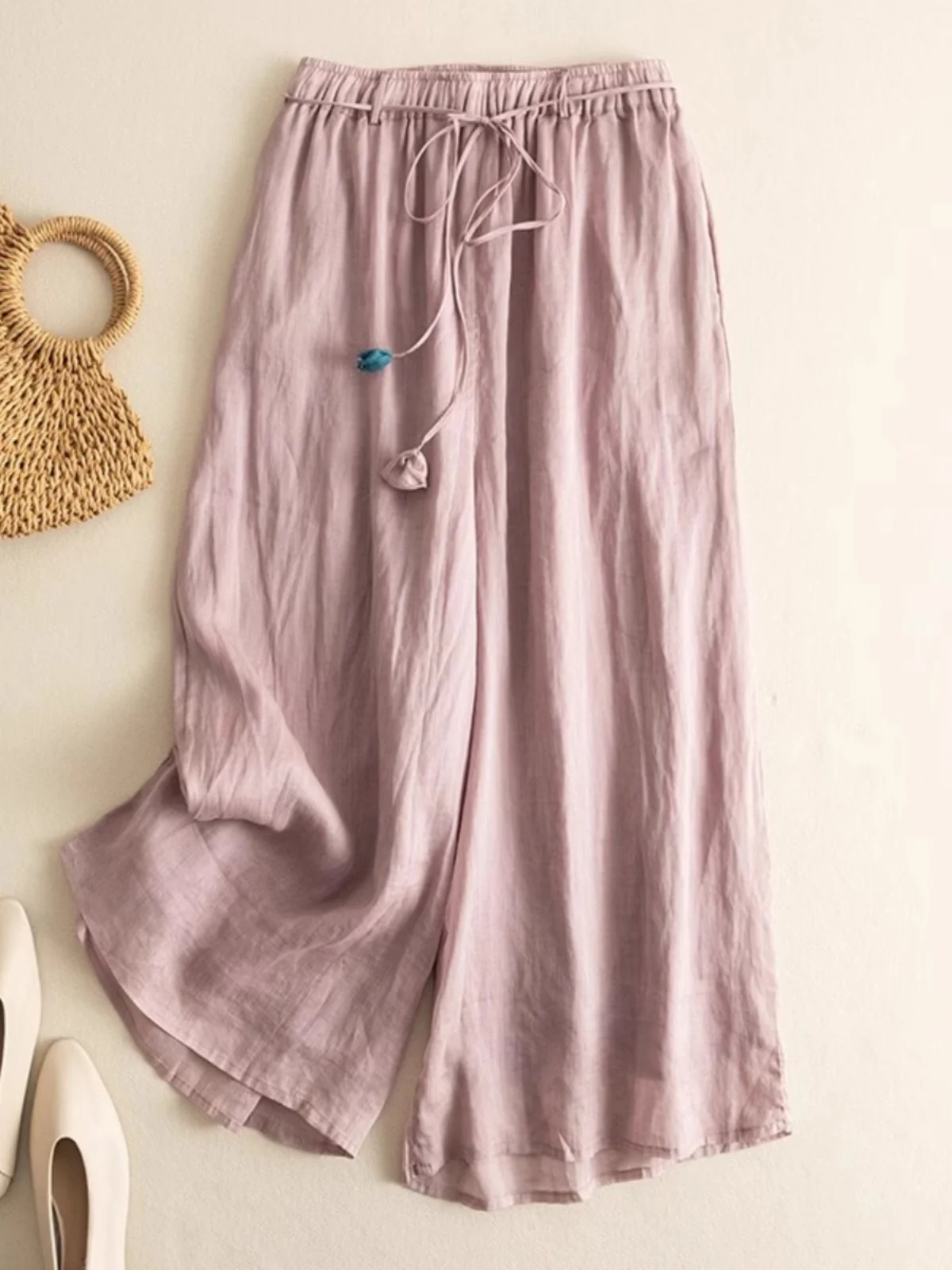 بنطلون نسائي واسع الساق بخصر مرتفع من الكتان، تصميم فني عصري جديد للصيف، بنطلون تنورة فضفاض من القطن والكتان بطول تسعة أرباع