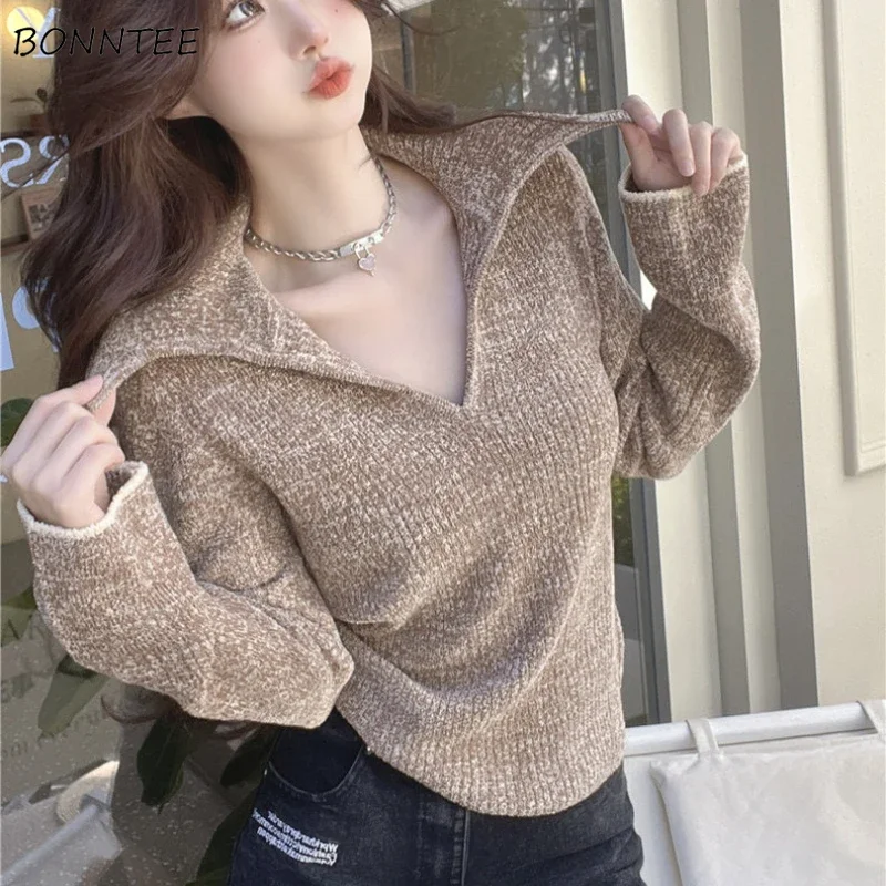 

Pullovers Women Autumn Winter Thicker Warm Soft Basic Elegant V-neck Jumpers Korean Style All-match Ins Temper Slim Ulzzang New