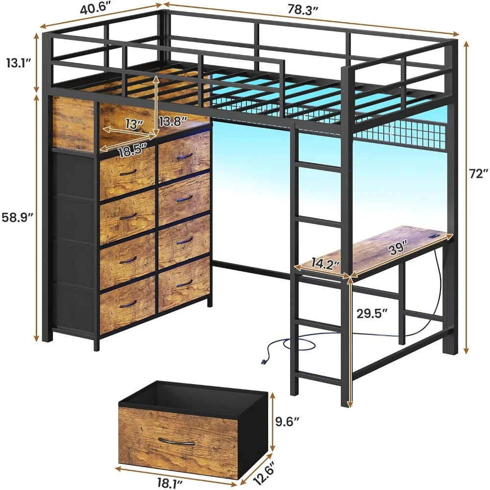 Lit mezzanine double avec bureau et commode haute à 8 tiroirs, lit mezzanine en métal avec lumières LED et station de recharge, étagères de rangement à 2 niveaux