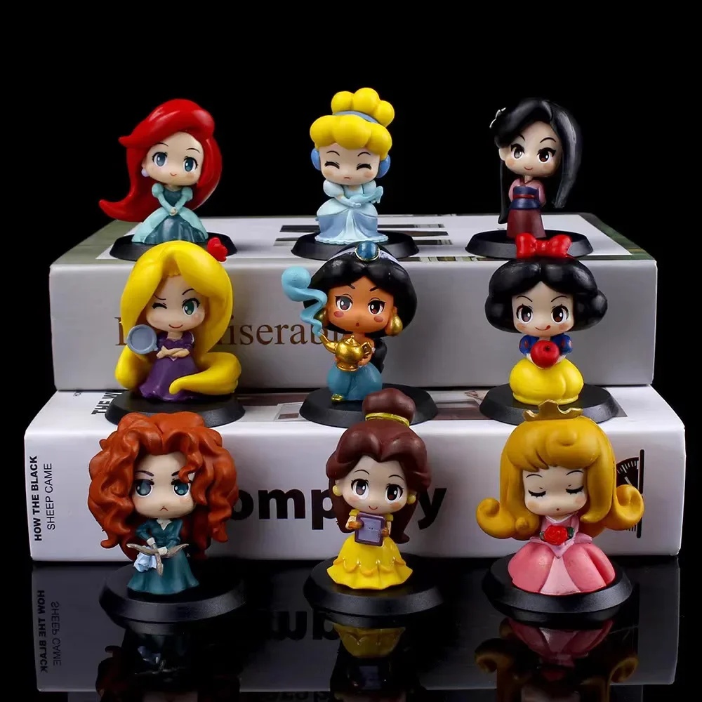 

1/9pcs Disney Princess Q Ver.Action Figures Tiana Snow White Rapunzel Ariel Belle PVC 6-7cm Decorations Cake Model Toy Gifts