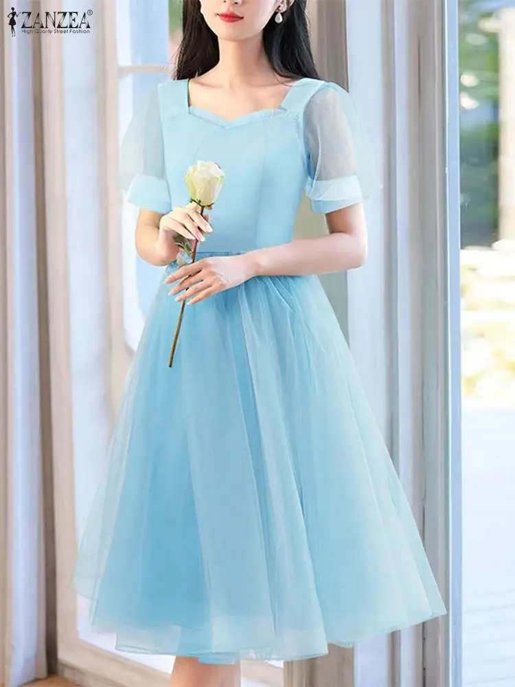 ZANZEA-vestidos Midi elegantes de malla con retales para mujer, vestido de fiesta de noche con cuello en forma de corazón y manga corta abombada, 3 colores, S-3XL