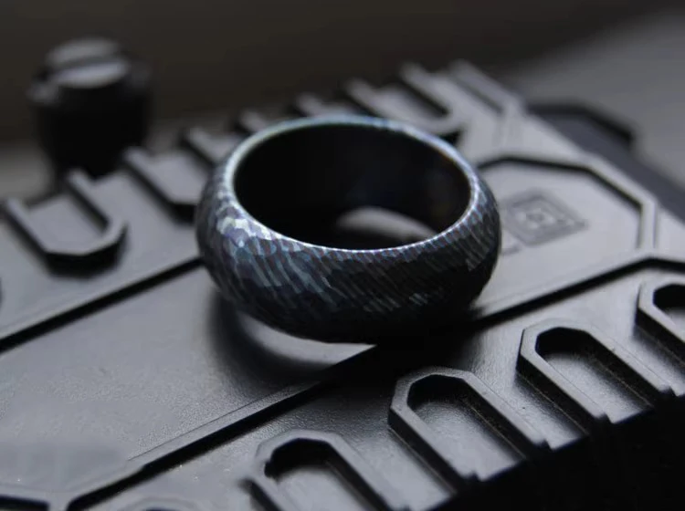 Custom Made Titanium Damascus Knockout Pattern EDC Ring