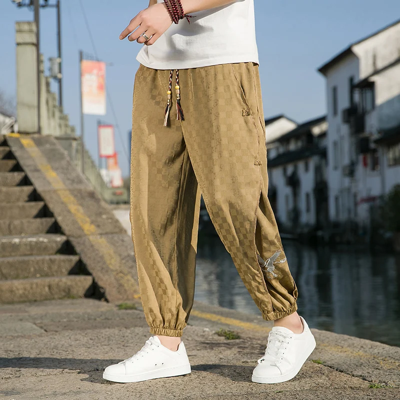 

Мужские летние брюки-харлан из ледяного шелка, быстросохнущие, свободного кроя, повседневные, модные городские, укороченные (длиной 7/8)