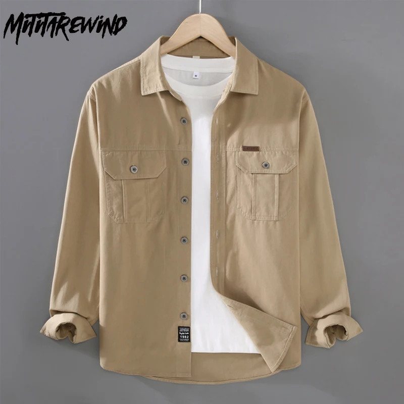 

American Style Cargo Shirt Man Spring Fall Mens Long Sleeve Shirts Pure Cotton Tops Fashion Double Pockets Khaki Shirt 2024 New