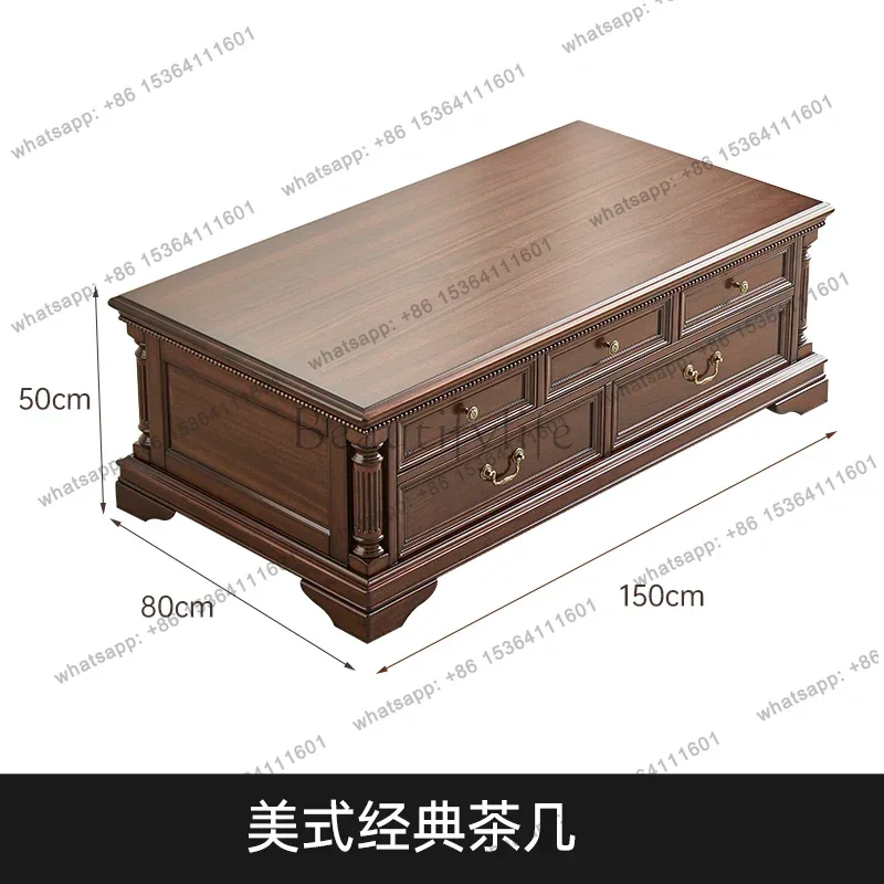 Classic Long Coffee Table Black Walnut Full Solid Wood Living Room Large Capacity Drawer Storage Rectangle