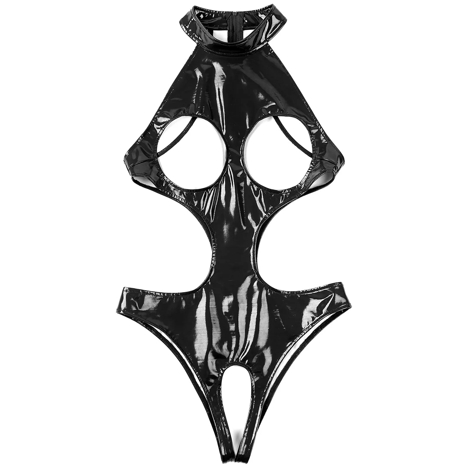 Womens Sexy Bodysuit Wet Look Cutout Halter Cup Hollow Out Open Crotch Exotic Bodycon Jumpsuit Tempting Lingerie Thong Nightwear