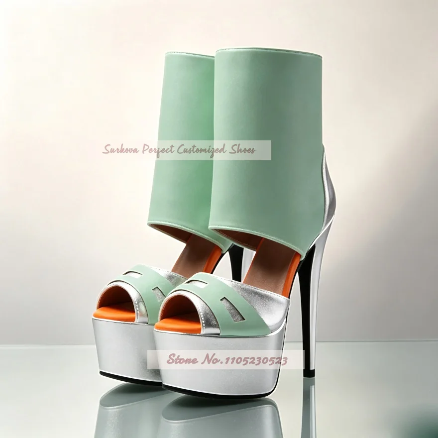Black Heart Color Patchwork Mid-Calf Summer Boots Pink Stiletto Heels Platform Sandal Booties Mint Green Matched Dress Shoes