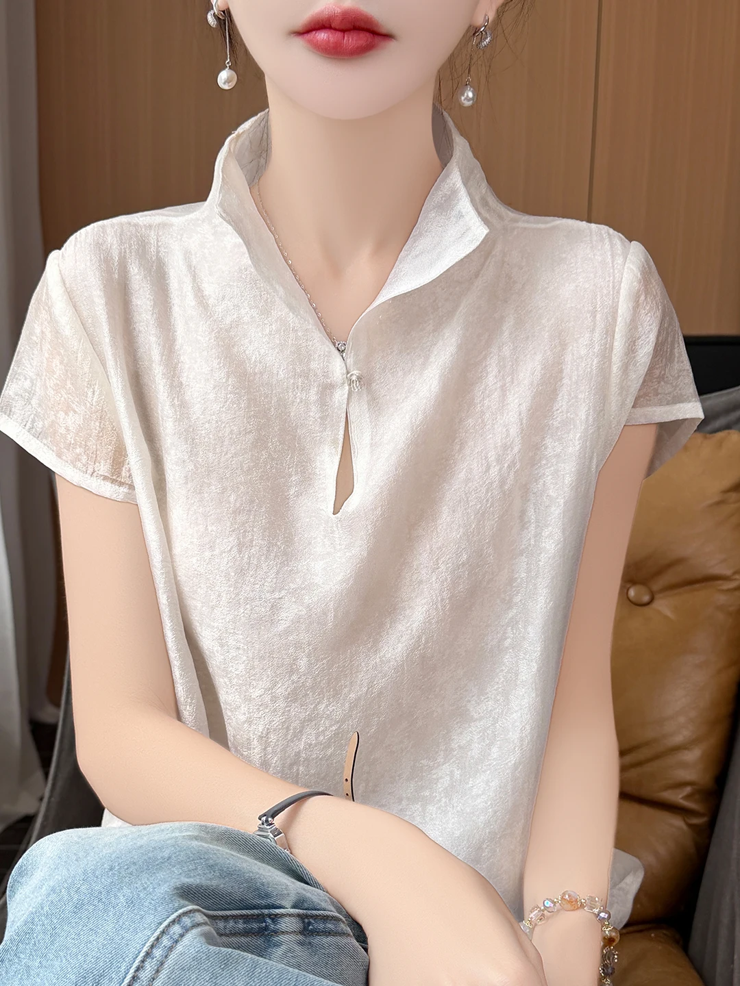 

New Chinese Style Casual Short Sleeve Shirt Women's Breathable Cool Summer Stand Collar Top Comfortable Silk T-Shirt